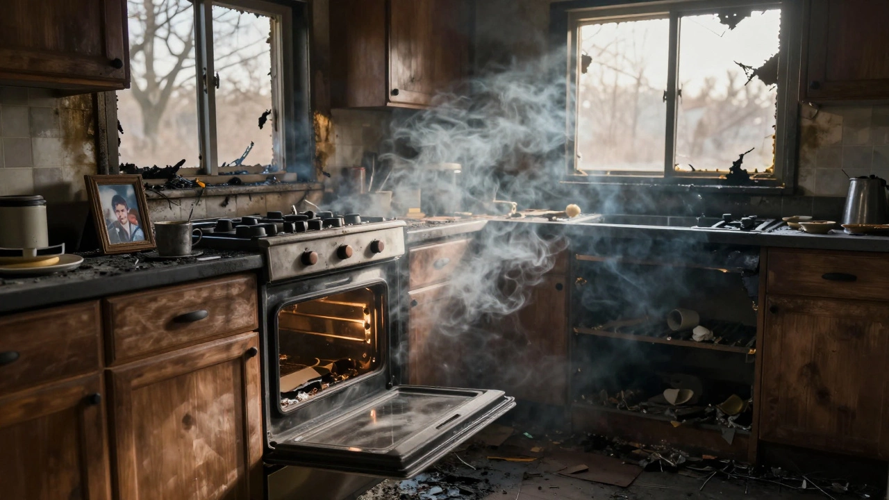 A charred kitchen after an oven fire, with the oven door open and soot covering belongings.