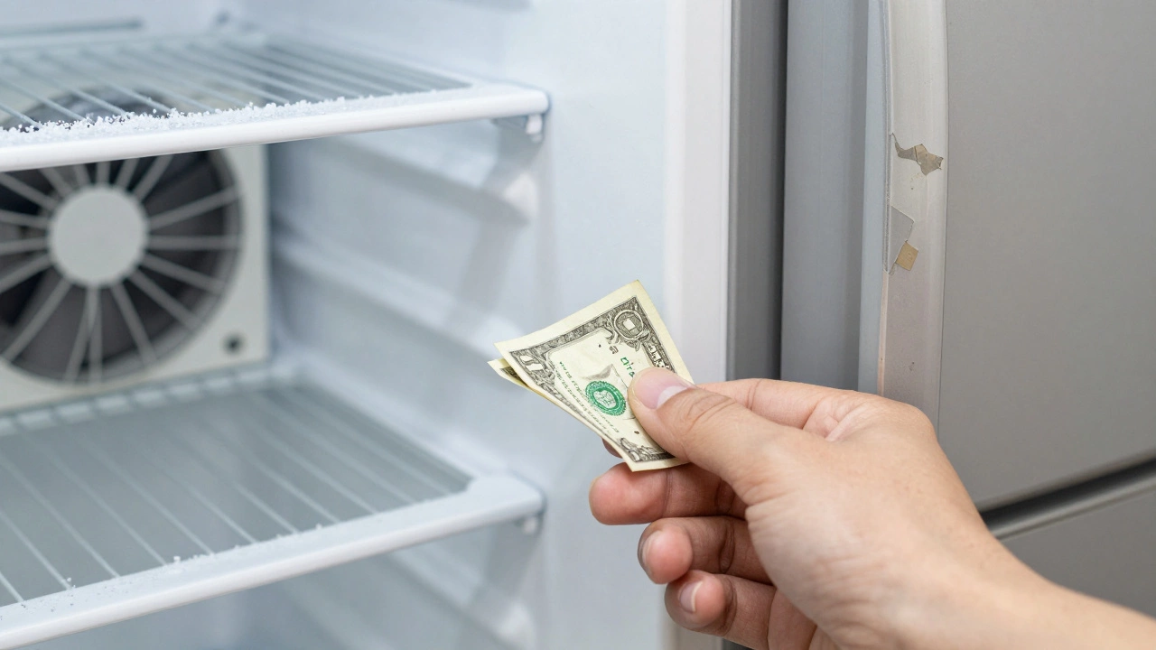 A hand pulling a dollar bill easily from a fridge door seal, with frost and buzzing fan visible inside.