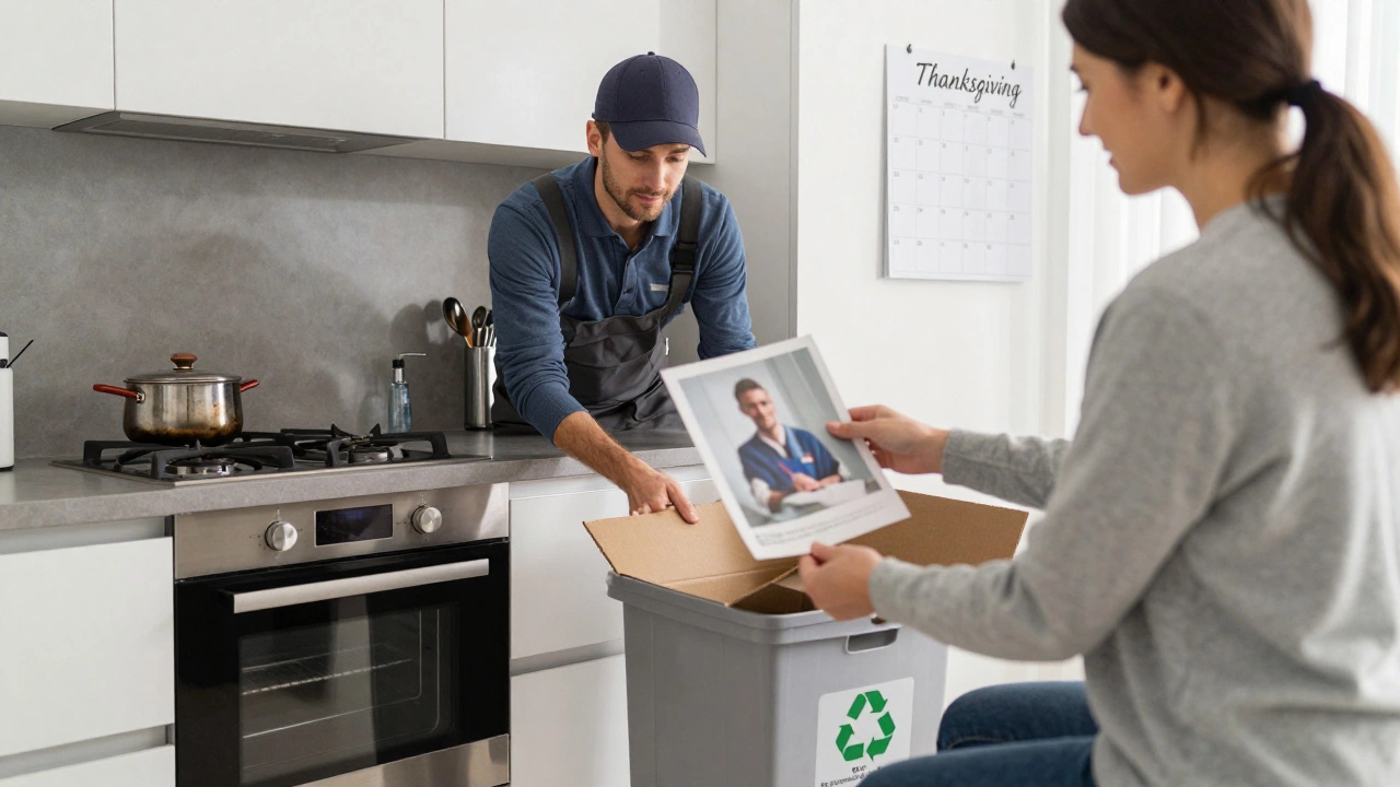 A person holding an old cooker photo while a technician installs a new appliance, with recycling bin nearby.