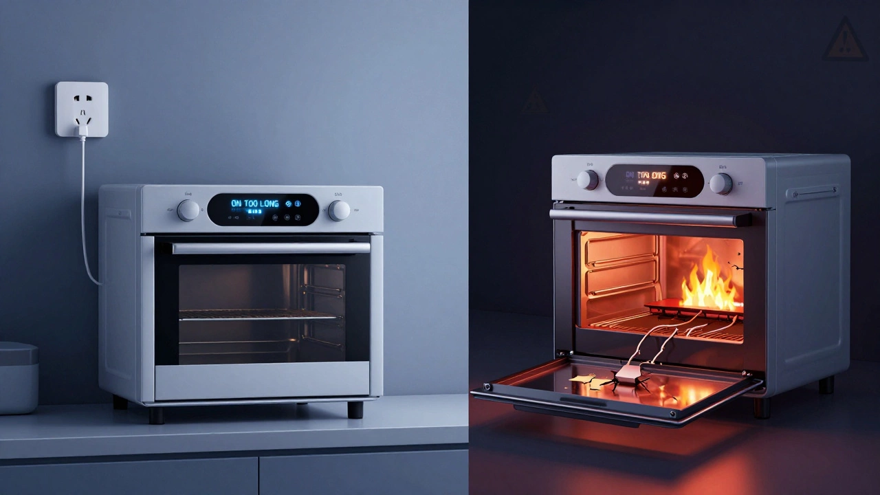 A smart oven with an alert notification next to the same oven showing internal damaged wiring.