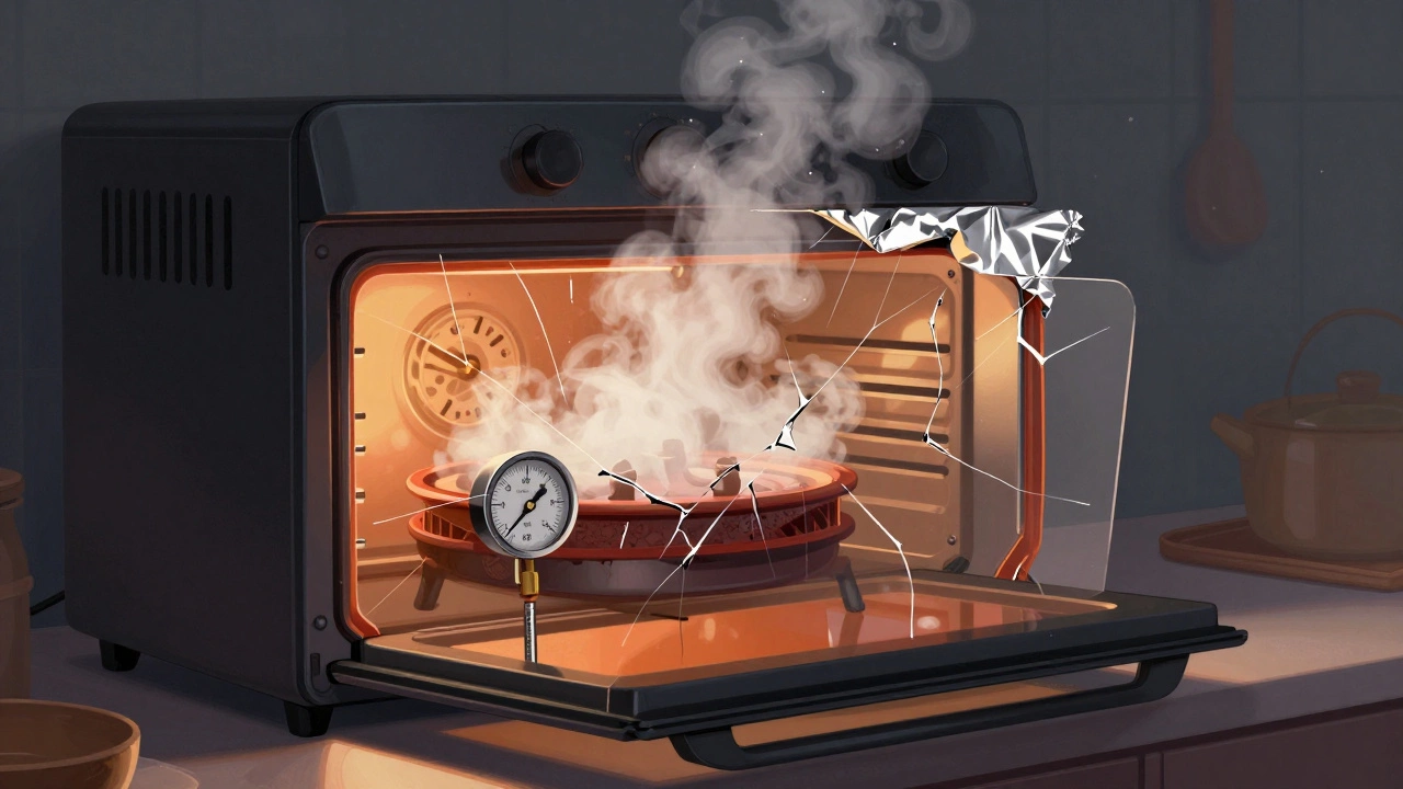 An electric oven's door bursting open due to trapped steam and blocked vents.