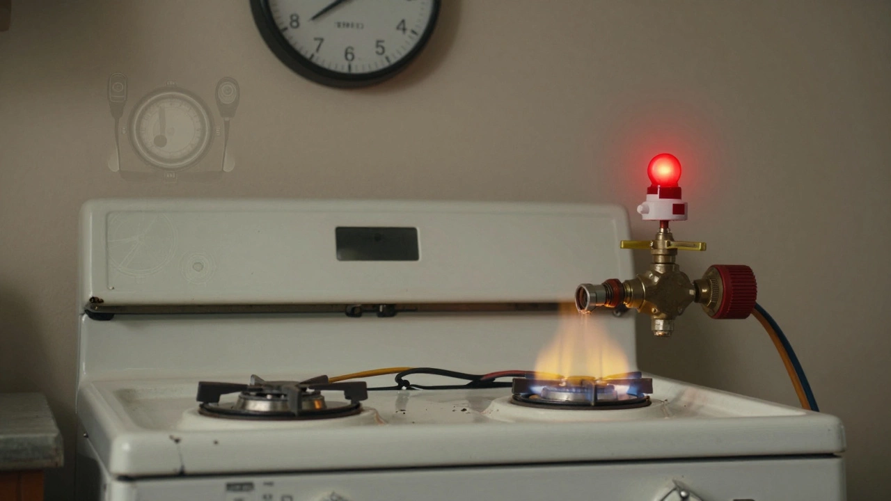 An old cooker showing signs of wear with a warning alarm glowing red in the background.