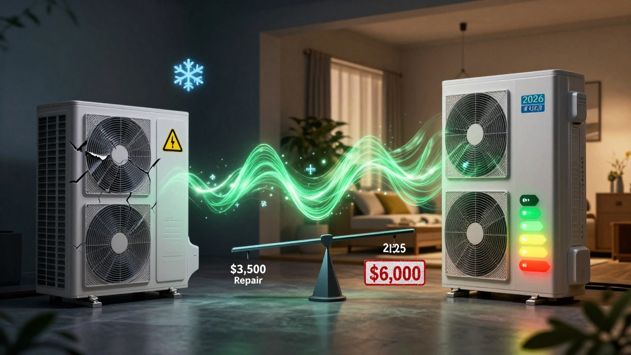 Broken heat pump versus new efficient model with rebate symbol.