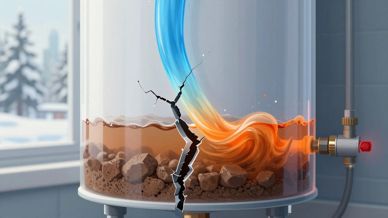 Cross-section of water heater showing cold and hot water mixing due to broken dip tube and sediment.