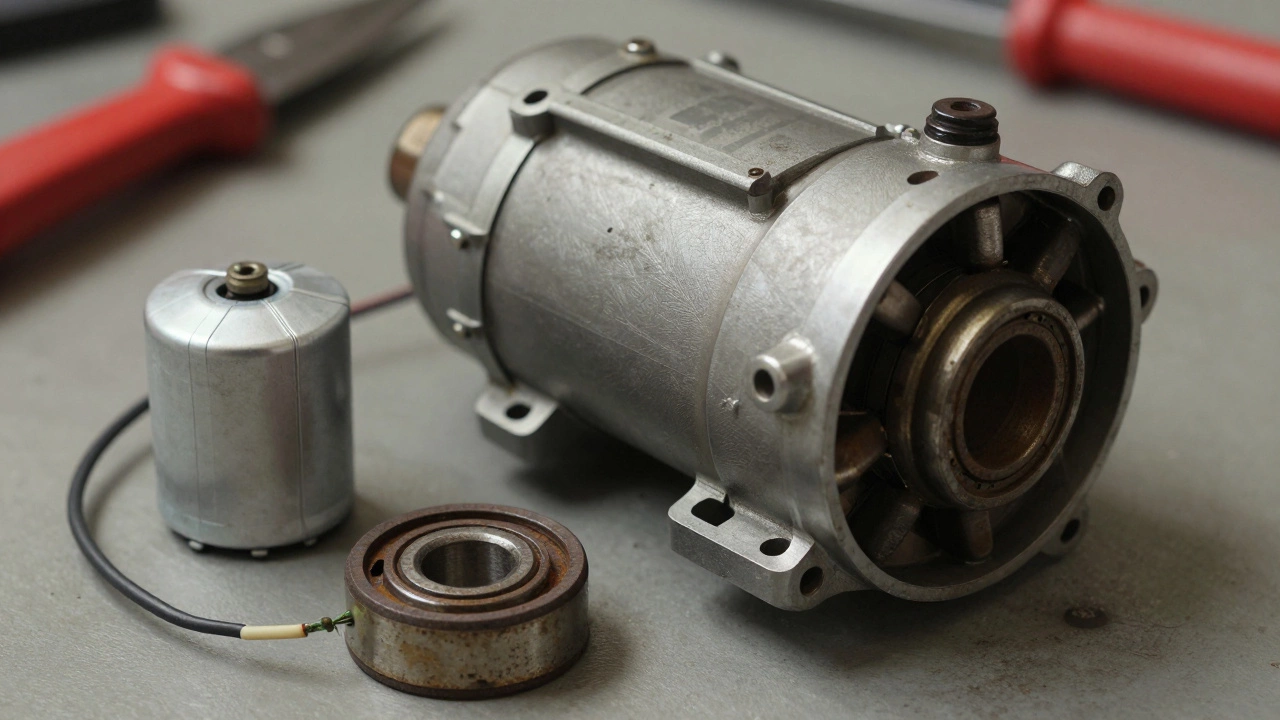 Disassembled fan motor with faulty capacitor, rusted bearing, and corroded wires on a workbench.