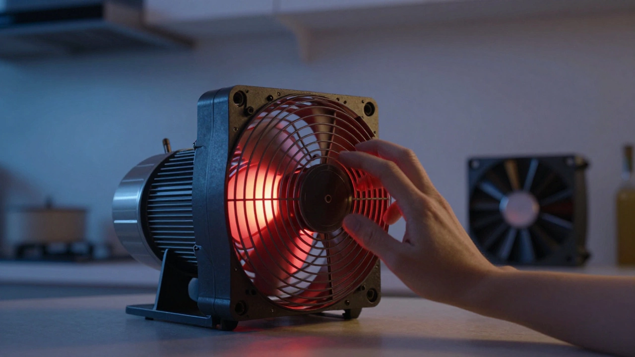 Hand struggling to spin a fan blade as thermal overload glows inside the motor housing.