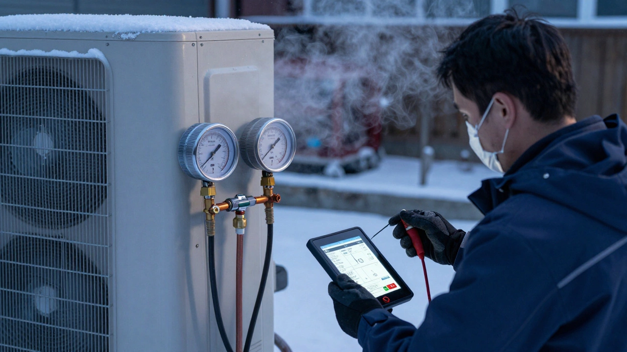 HVAC technician diagnosing a refrigerant leak with professional tools.