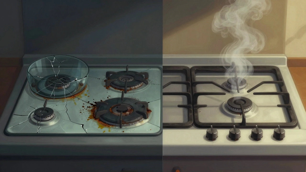 Split image contrasting a neglected electric cooker with a well-cared-for gas cooker.