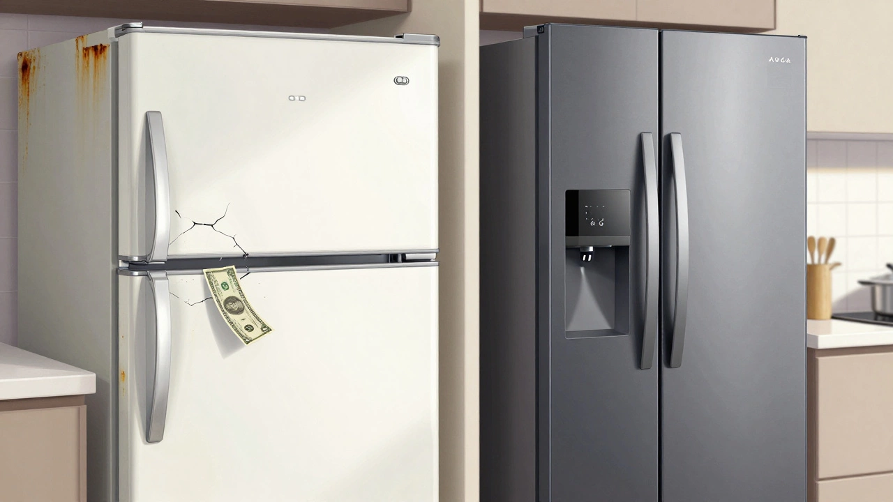 Worn refrigerator with cracked seal next to new energy-efficient model
