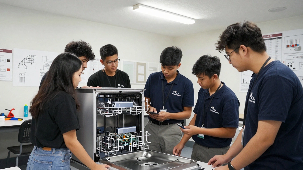 Young apprentices studying a dishwasher control board in a technical classroom.