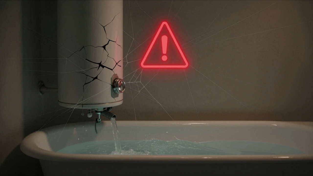 A cracked boiler leaking water into a cold bathtub, with a glowing red warning symbol above it.