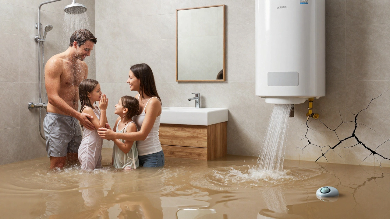 A flooded bathroom with a ruptured water heater spewing water, contrasting a prior warm shower scene.