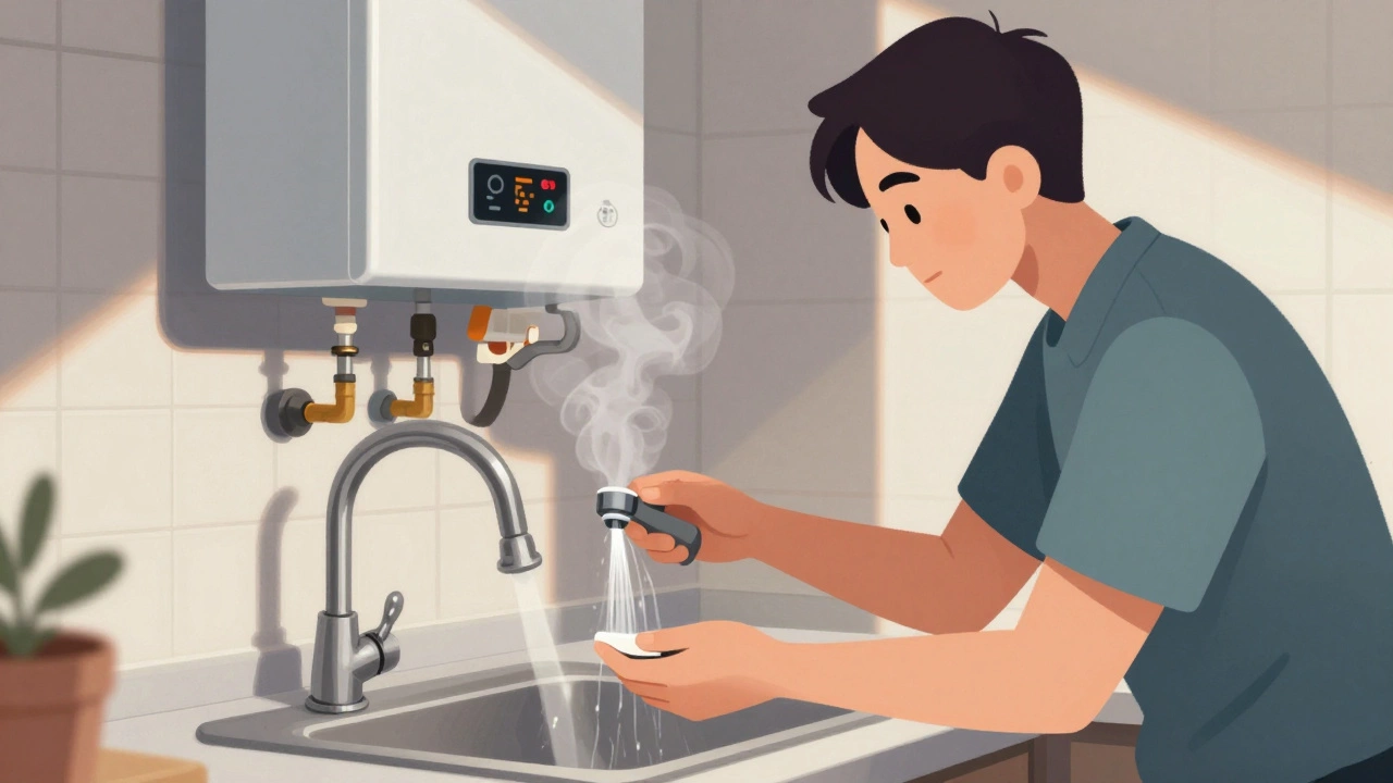 A person testing water from a kitchen tap while a boiler display shows an error code in the background.