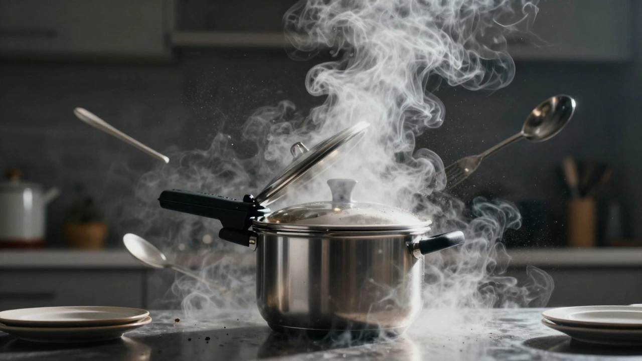 A pressure cooker lid exploding off mid-air with steam bursting through a kitchen.