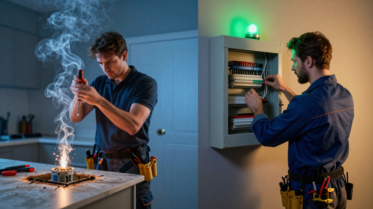 A split image showing a dangerous electrical spark on one side and a safe, professional installation on the other.