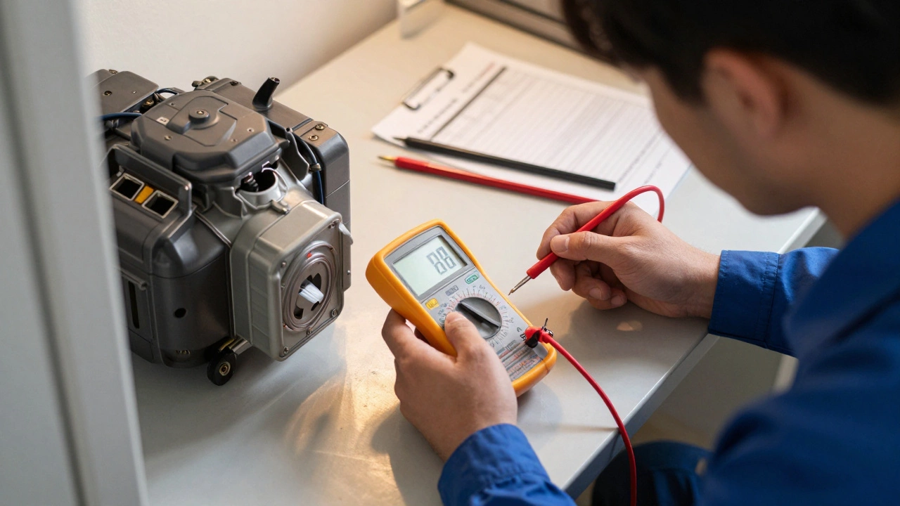 A technician testing refrigerator compressor voltage with diagnostic tools.