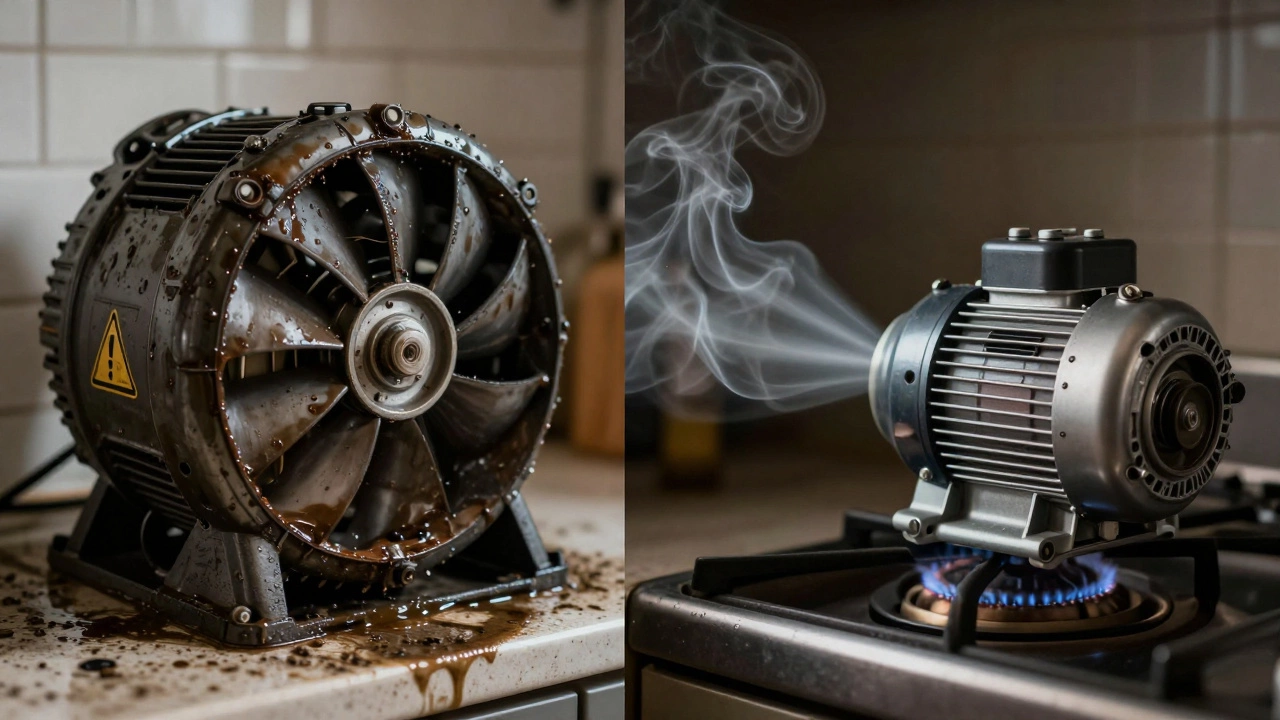 Before-and-after: grimy stalled motor vs. clean spinning replacement with airflow.