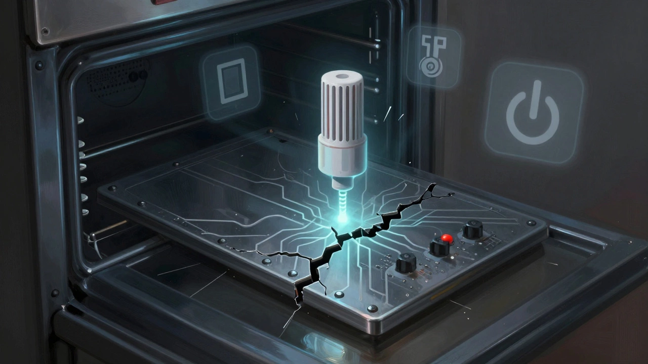 Broken control board with fading symbols of oven components, representing system failure.