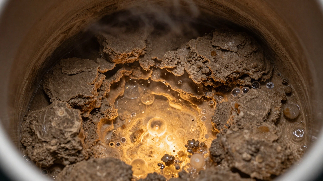 Calcified sediment buildup inside water heater tank bottom.