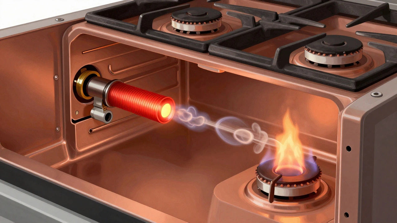 Cross-section of a gas oven showing igniter glowing and triggering flame ignition.