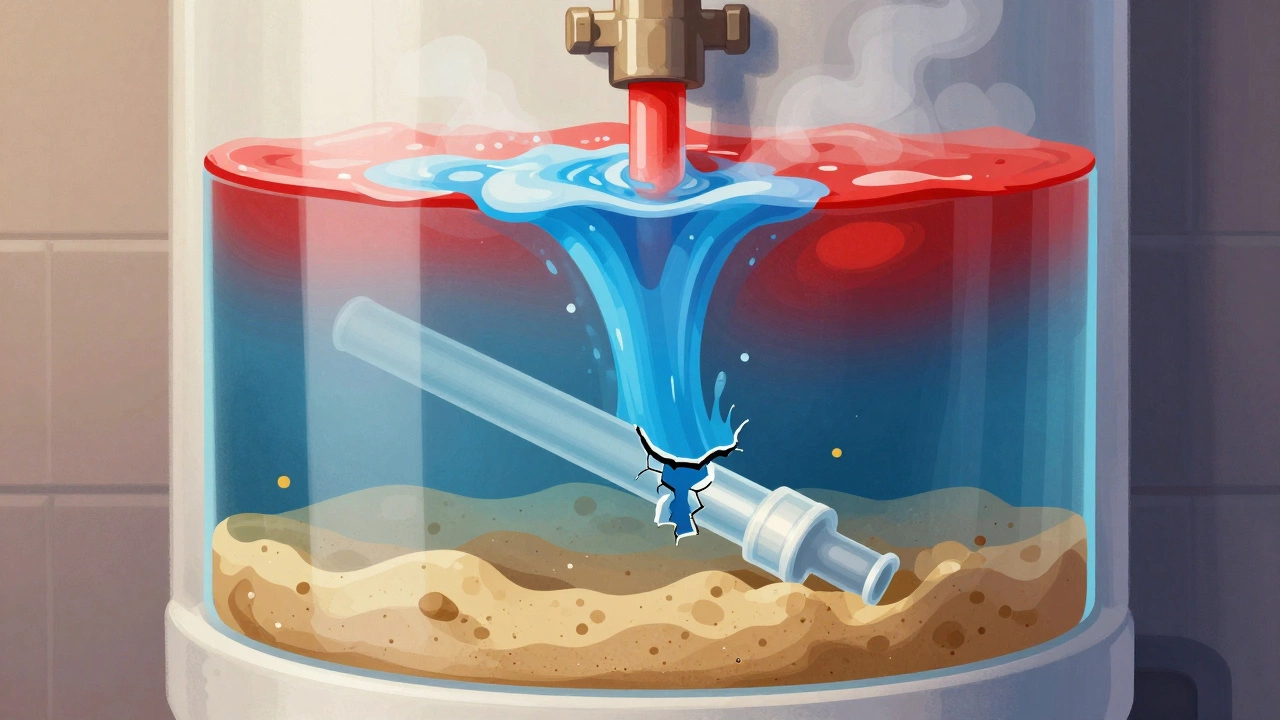 Cross-section of water heater showing broken dip tube allowing cold water to mix with hot water.