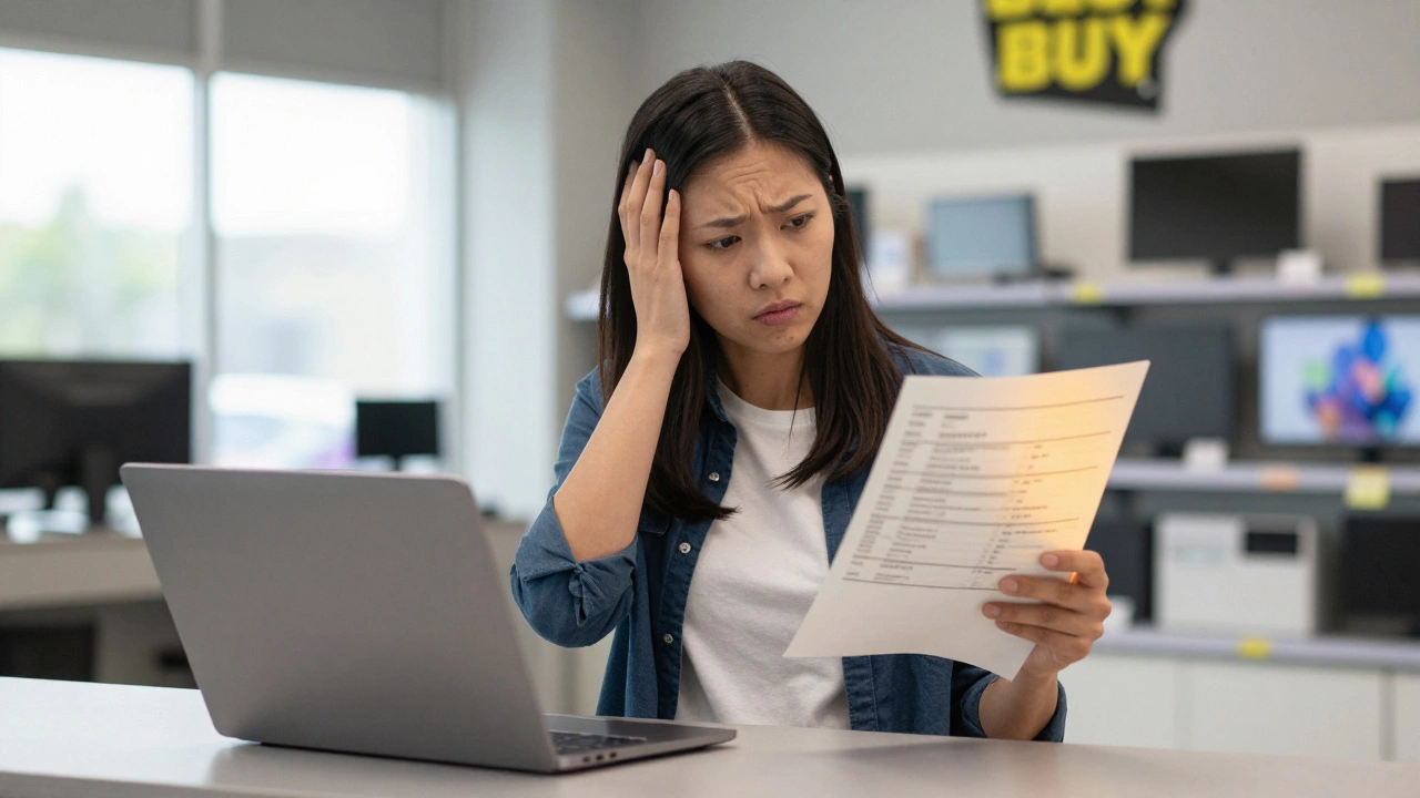 Customer holding a laptop and repair quote at Best Buy service counter, looking uncertain.