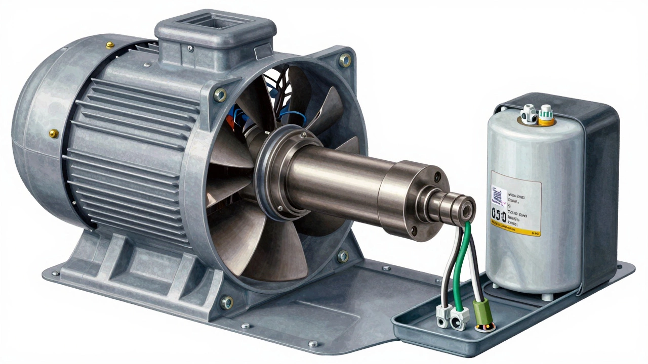 Cutaway view of a newly installed extractor fan motor with color-coded wiring.