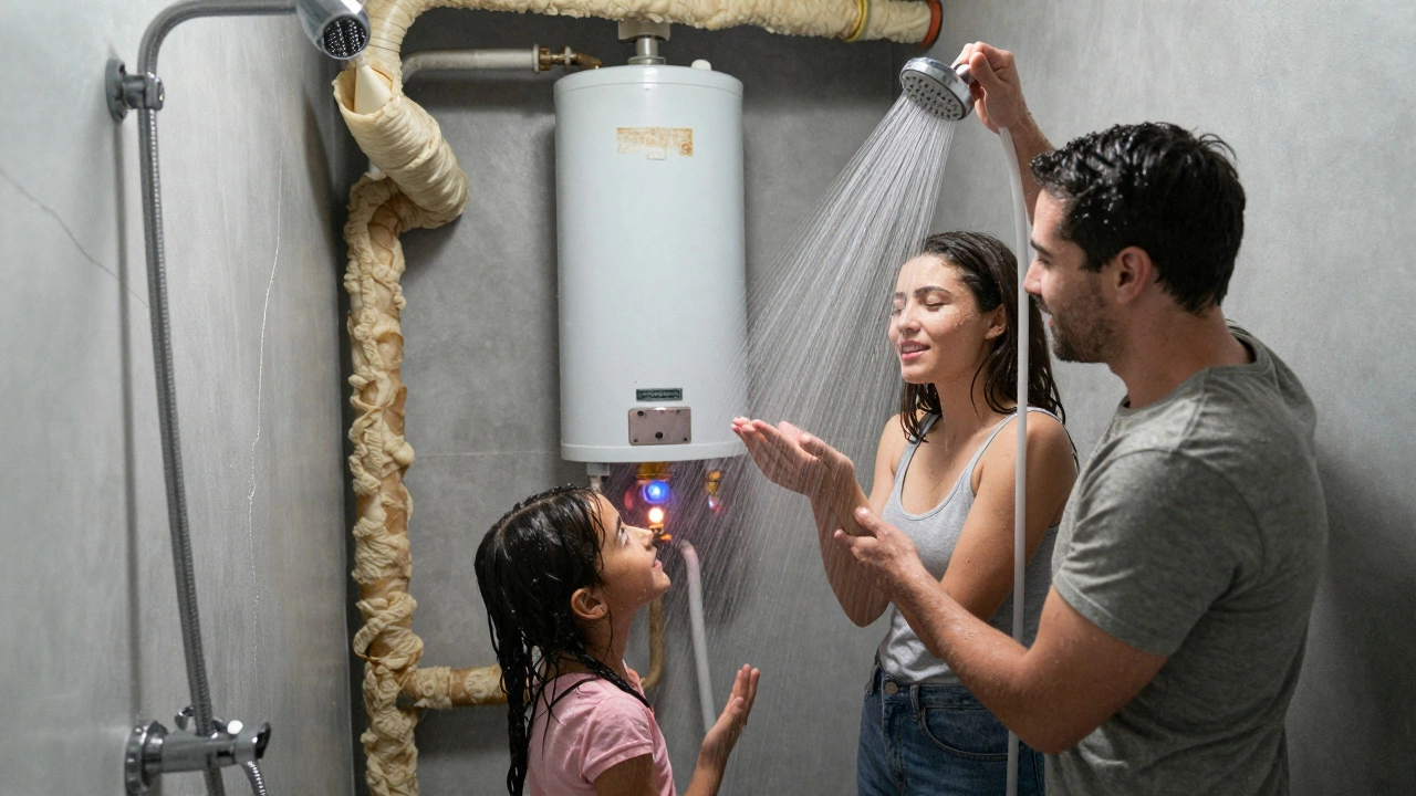 Family experiencing cold shower while aging gas water heater flickers weakly in background.