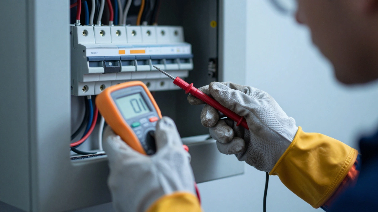 Gloved hands with multimeter near breaker panel background