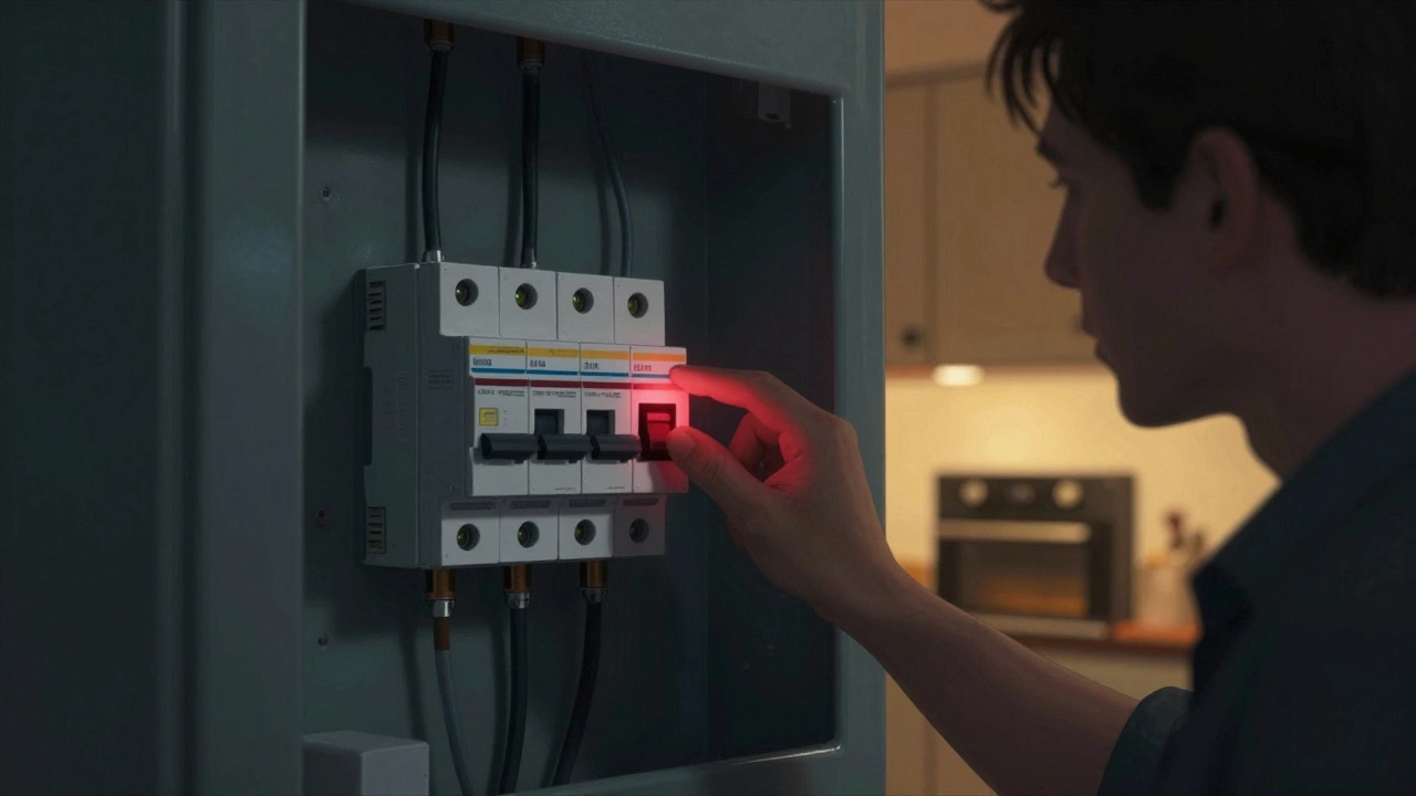 Homeowner checking a double-pole circuit breaker with oven light glowing in background.