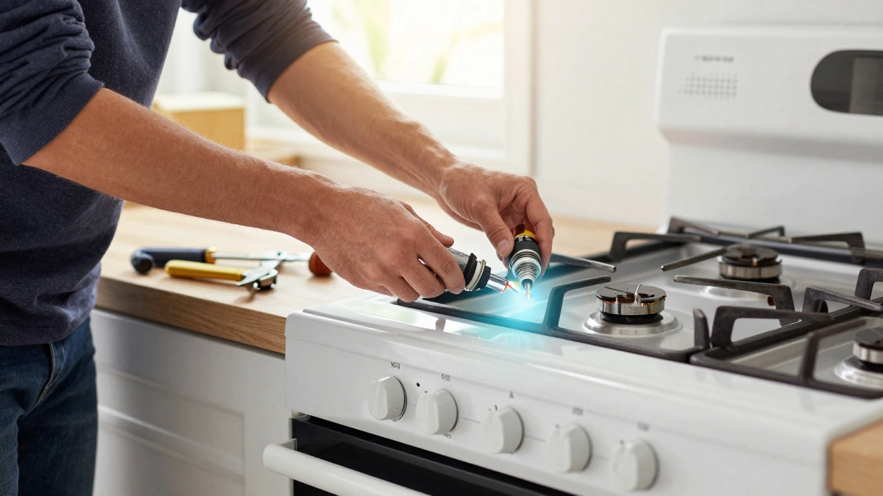 Homeowner installing a new oven igniter with tools and old part visible on counter.