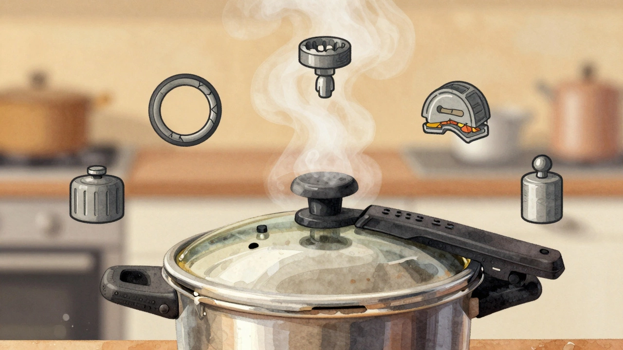 Illustration of pressure cooker failure causes with icons showing ring, valve, lid, weight, and debris.