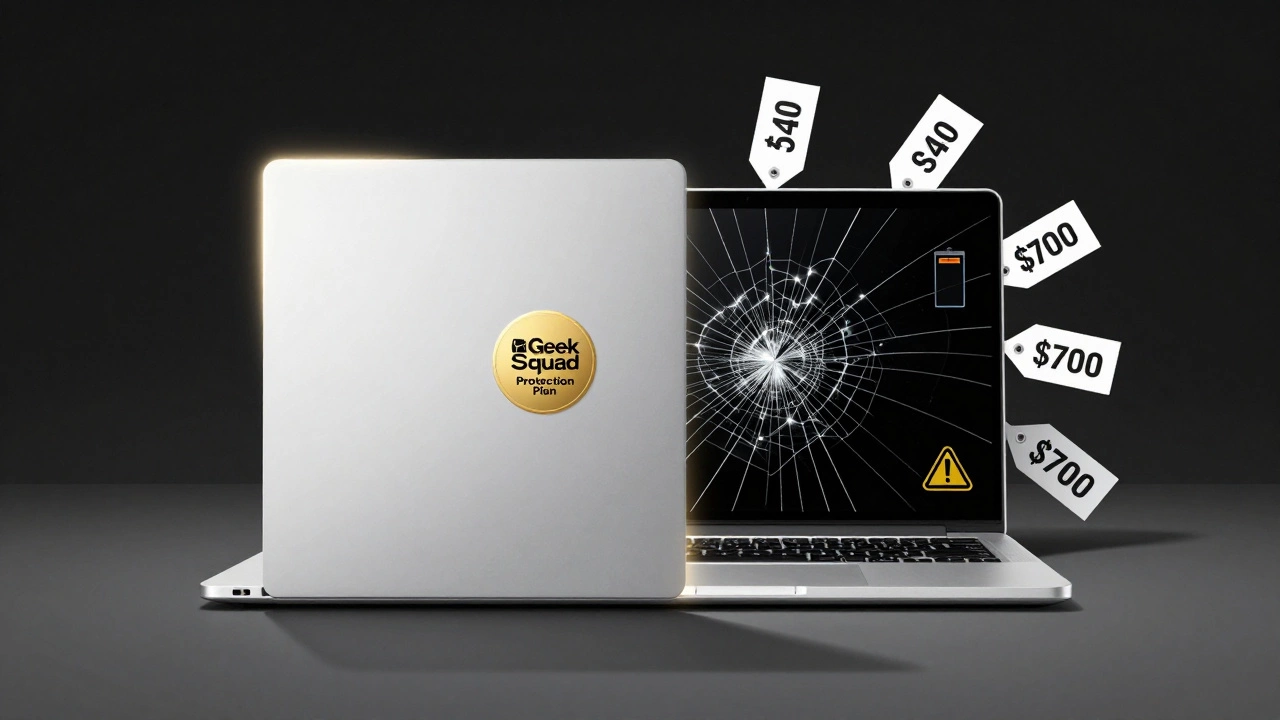 Laptop split in two: one side shows protection plan benefits, the other shows repair costs from  to 0.