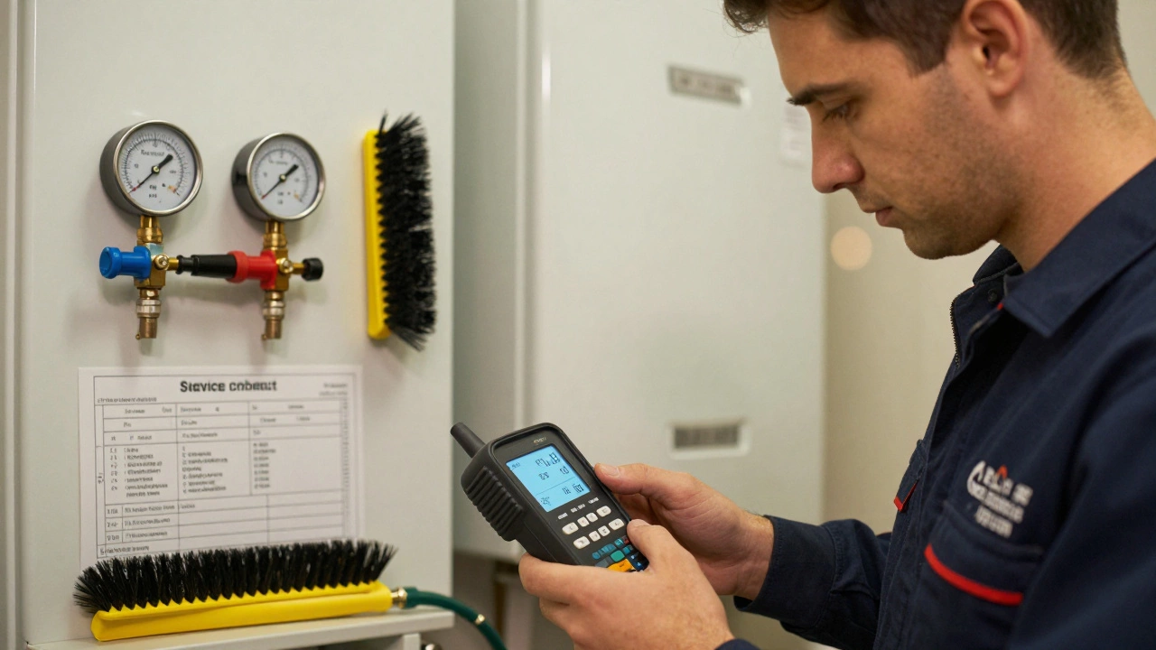 Licensed technician using a flue gas analyzer to test boiler emissions in a well-lit utility room.