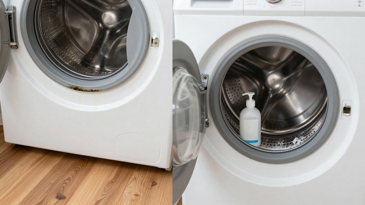 Side-by-side comparison of a leaking, moldy washing machine and a clean one.