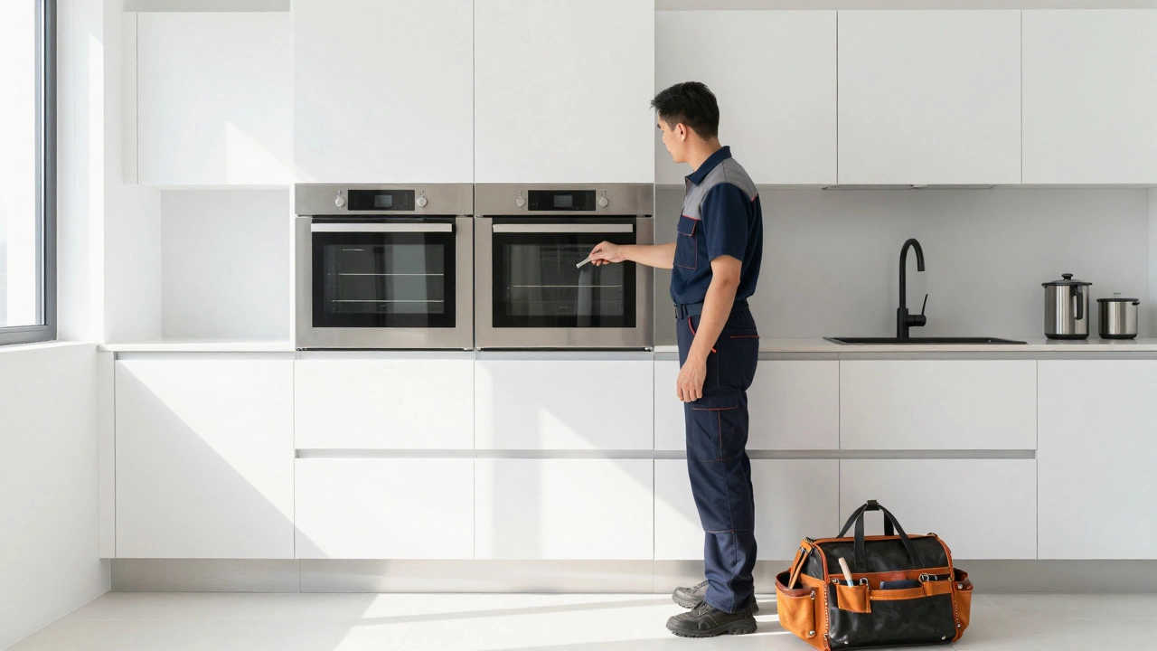 Technician standing by stainless oven with tool bag