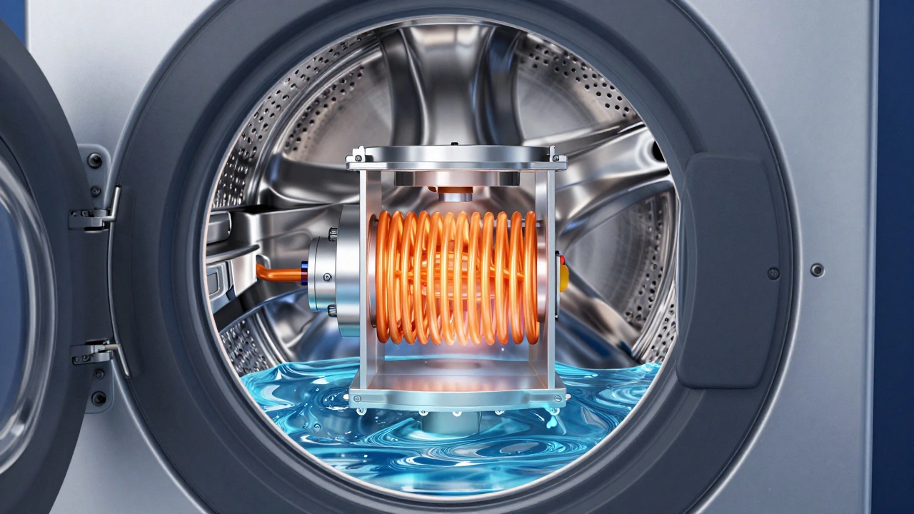 3D diagram of a front-load washing machine heating element warming cold water.