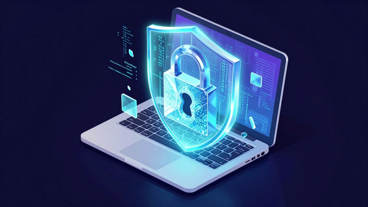 A conceptual illustration of a laptop hard drive protected by a glowing digital shield