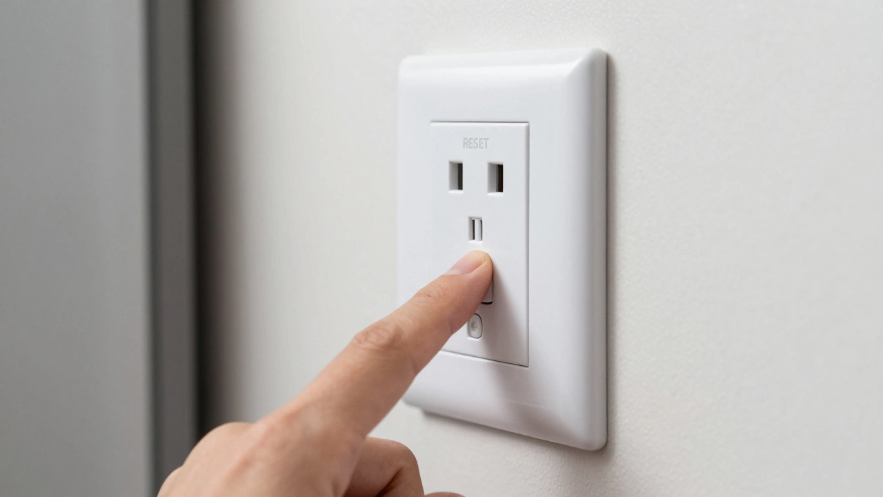 A finger pressing the reset button on a GFCI electrical outlet