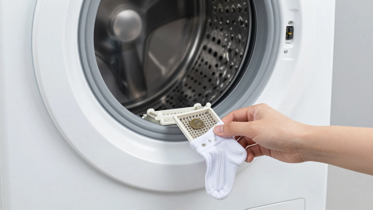 A hand removing a clogged drain pump filter with a coin and sock inside