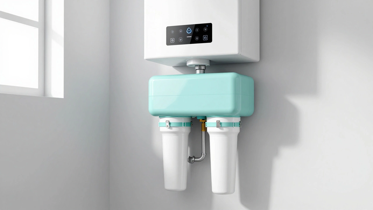 A modern water softener system installed in a clean utility room