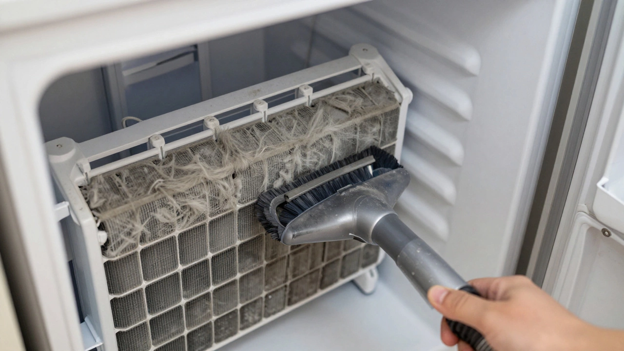 A person vacuuming dust and pet hair from freezer condenser coils