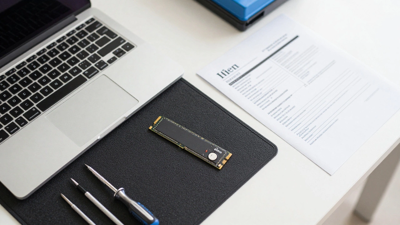 A removed SSD drive and precision tools on a technician's workbench next to a laptop