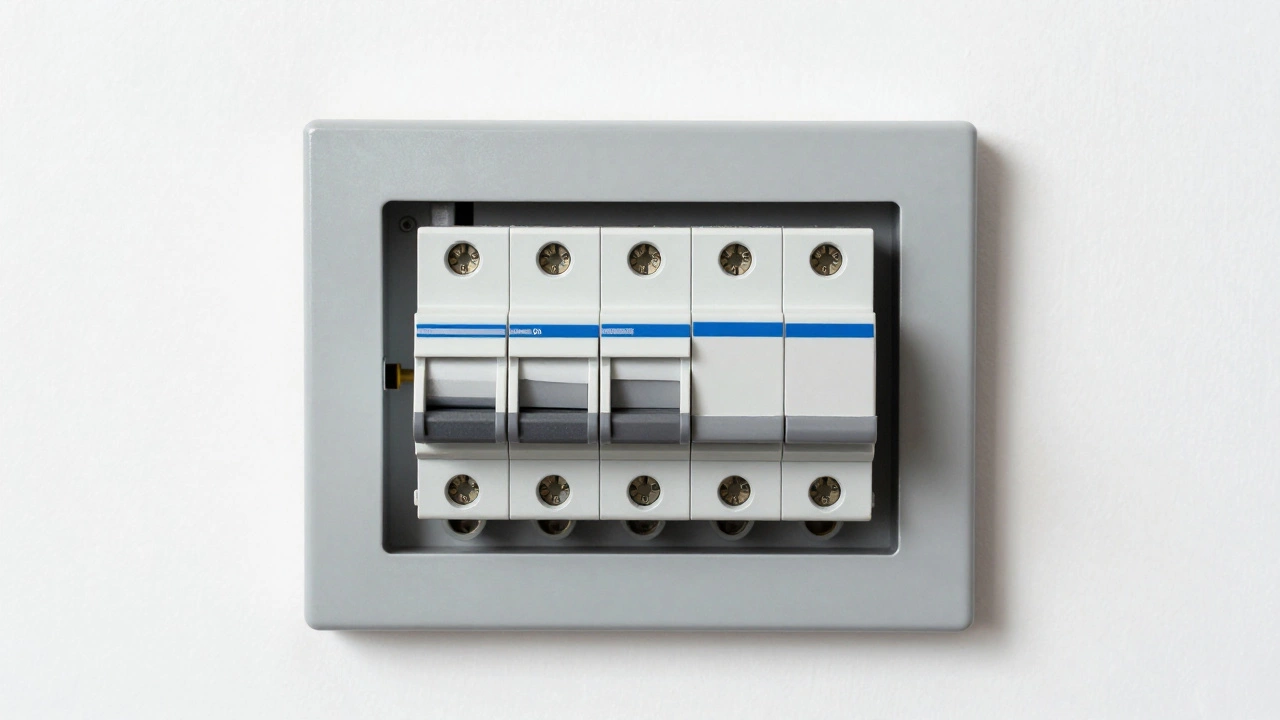 An open electrical panel showing a partially tripped circuit breaker switch