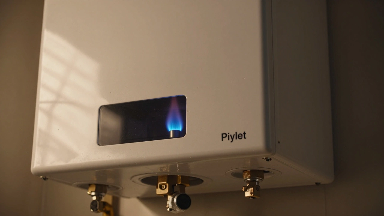 Close-up of a blue pilot light flame in a gas water heater window