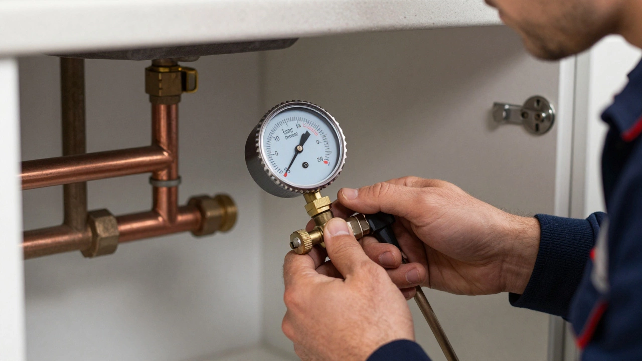 Close-up of a professional engineer using a manometer to test gas pipework