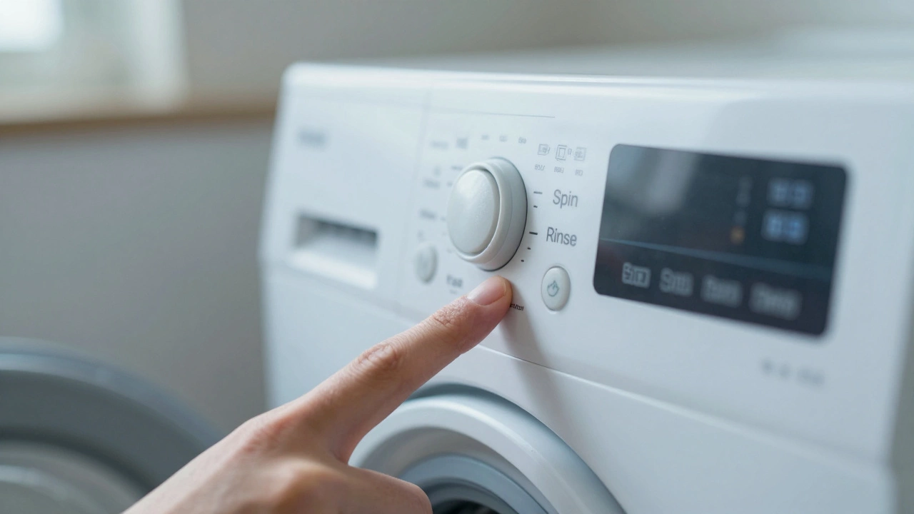 Close-up of fingers pressing a button combination on a washer control panel