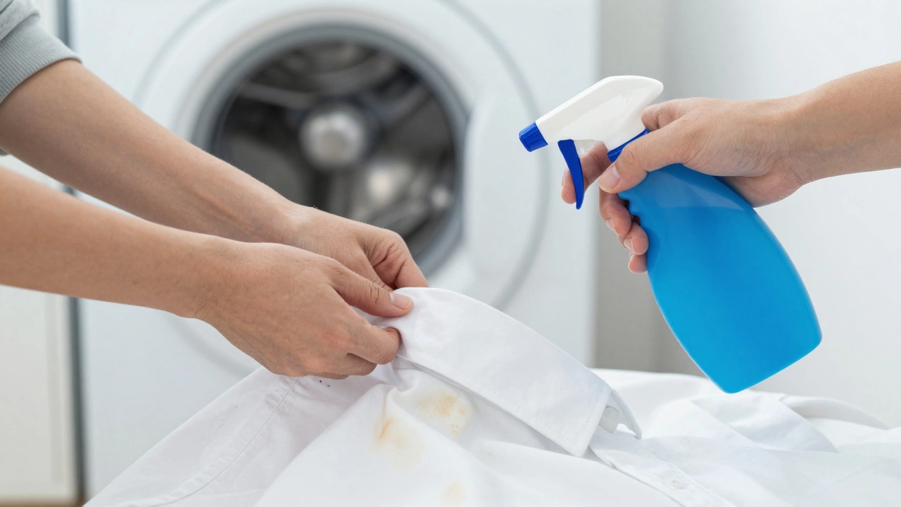 Close-up of hands applying stain remover to a shirt collar before washing.