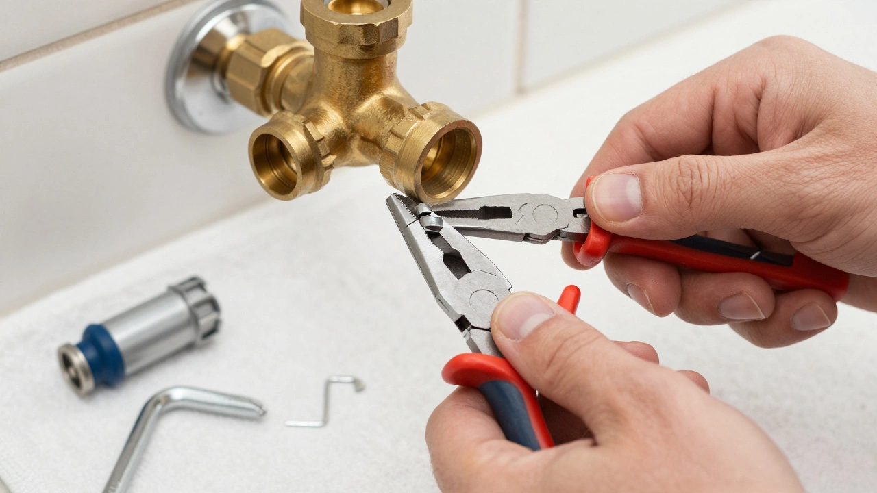 Close-up of pliers removing a retaining clip from a shower valve during repair.