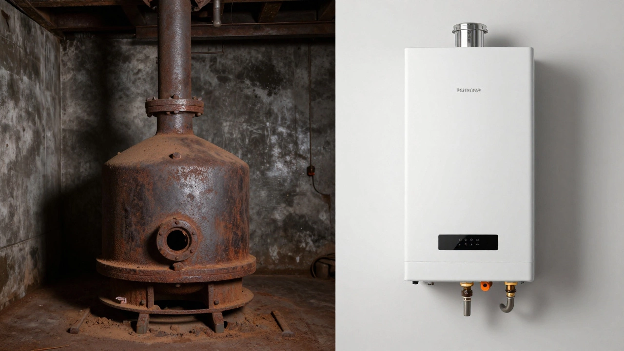Comparison between an old rusty boiler and a modern energy-efficient model